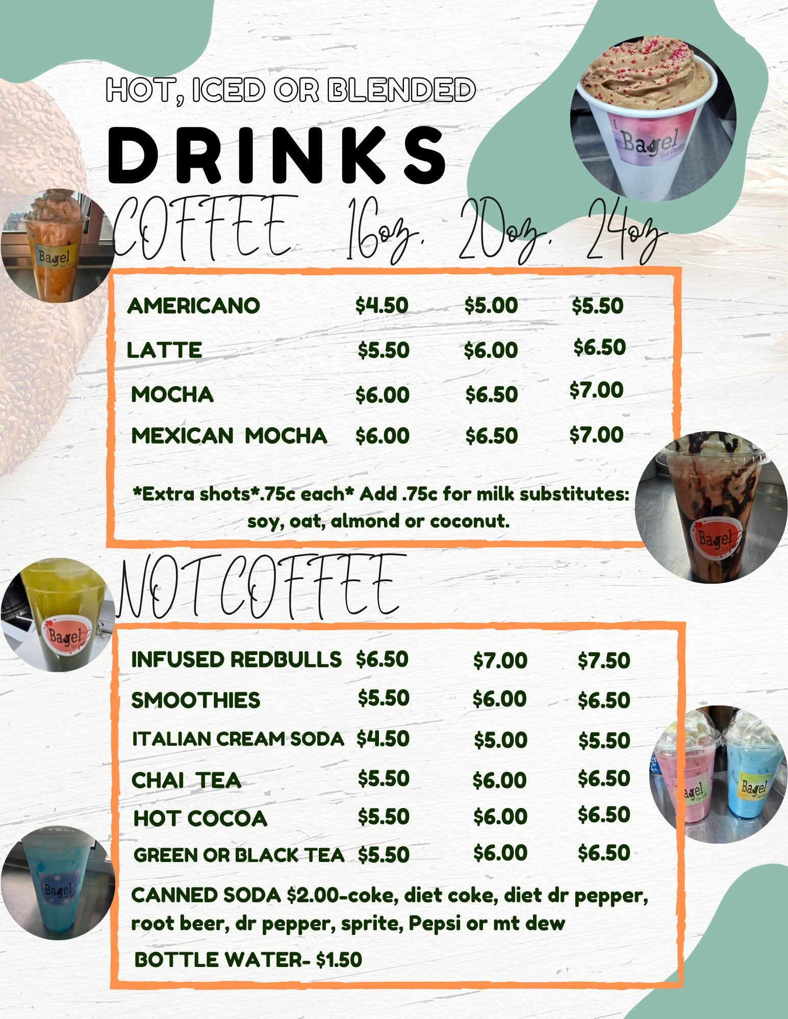 Drinks menu — coffee and not coffee